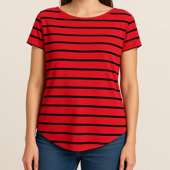 Express Tops - Express One Eleven Shirt Top Womens Large Short Sleeve Casual Striped Red